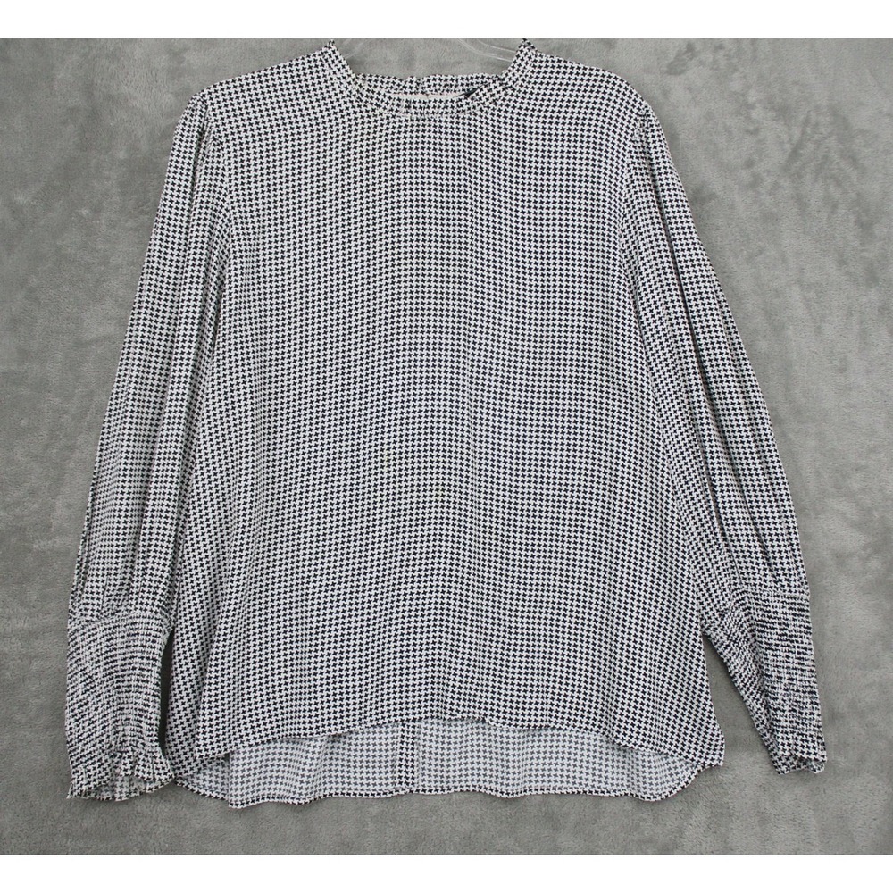 Zara Blouse Womens XL Houndstooth Smocked Cuff Mock Neck Preppy Office Black